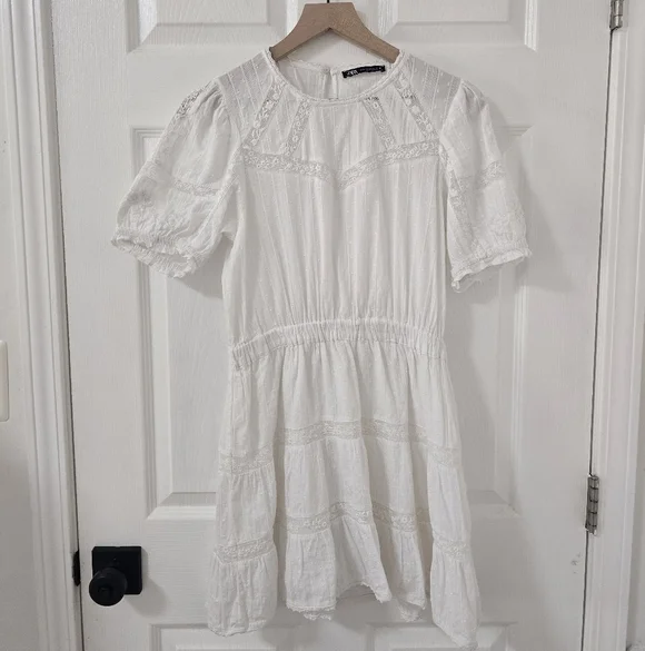 Zara White Cotton Short Sleeves Mini Dress Size M - Picture 2 of 6